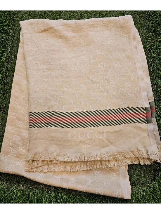Gucci Accessories - Authentic GUCCI Large Scarf Beige GG Monogram Silk Blend Fringe Web Stripe 30x75
